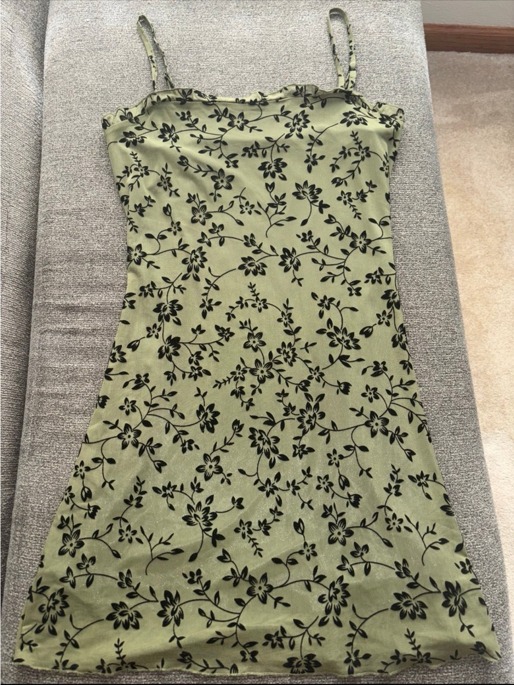 Olive Green Floral Slip Dress with Black Vine Print